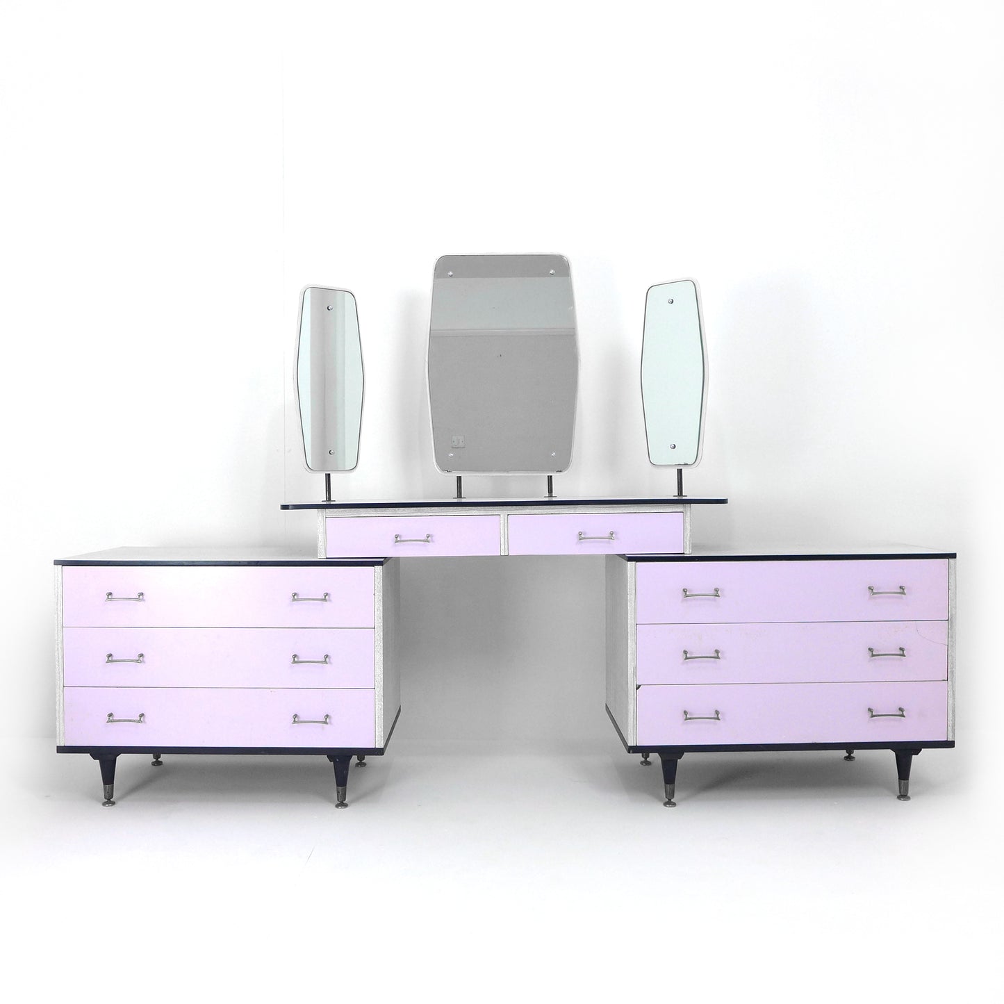 Mid Century Bedroom Set - Bedside Tables & Dressing table / Chest of Drawers with Mirrors - Vintage Melamine