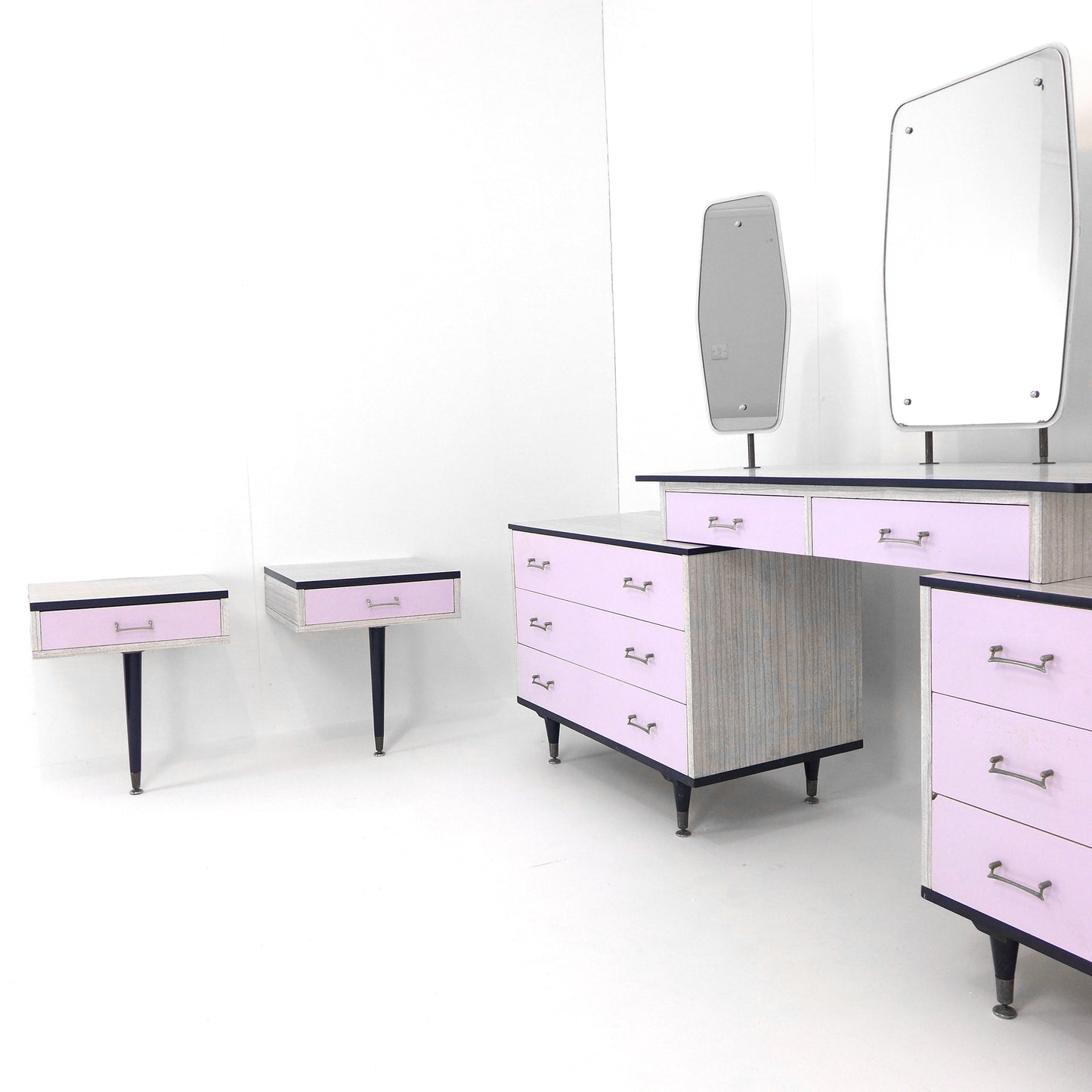 Mid Century Bedroom Set - Bedside Tables & Dressing table / Chest of Drawers with Mirrors - Vintage Melamine