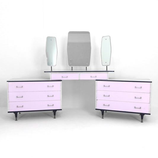 Mid Century Bedroom Set - Bedside Tables & Dressing table / Chest of Drawers with Mirrors - Vintage Melamine