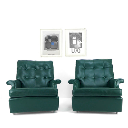 Pair Mid Century PARKER KNOLL Armchairs in Green Vinyl
